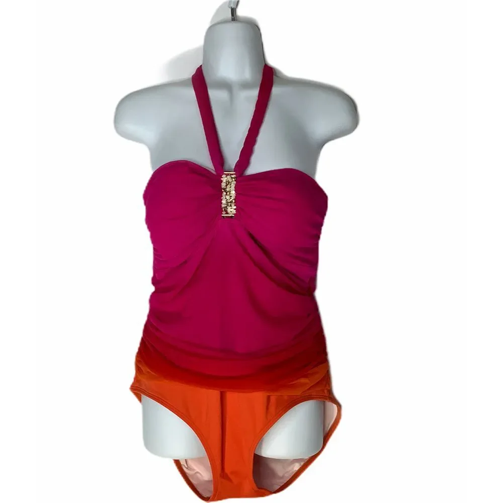 Ralph Lauren Swimsuit One‎ Piece Sz 12 Orange Pink Ruffle Halter Rhinestones